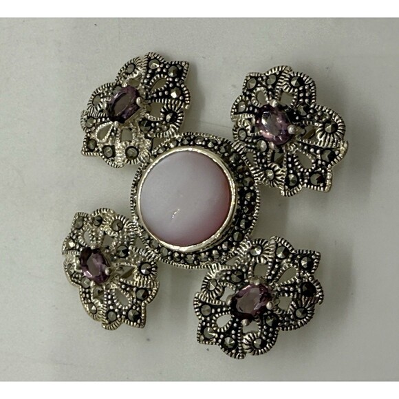 Sterling Silver Sparkling Amethyst & Marcasite Brooch Pin Cross Or Four-Lobed - Picture 10 of 11
